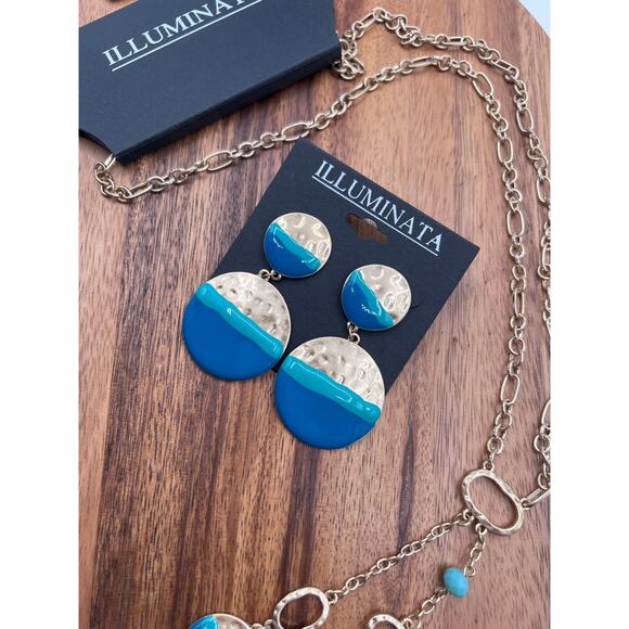 Illuminata Round Drop Earrings 20" Necklace Gold Tone Blue Green 2 Pc Set NEW! - Picture 2 of 9